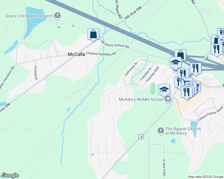 map of restaurants, bars, coffee shops, grocery stores, and more near 6451 Cheshire Cove Drive in McCalla