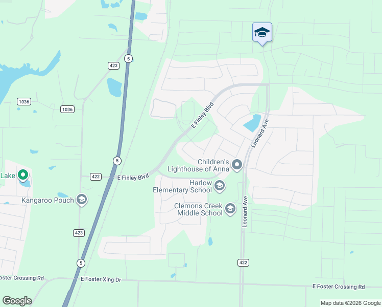 map of restaurants, bars, coffee shops, grocery stores, and more near East Finley Boulevard in Anna