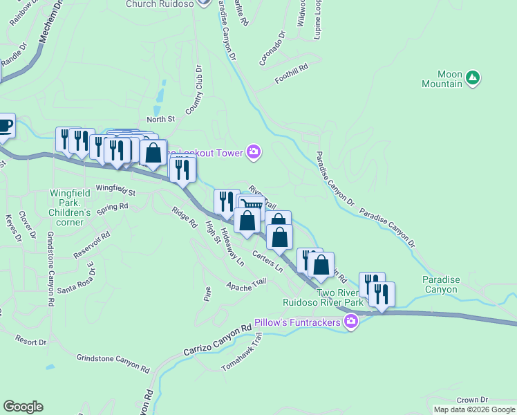 map of restaurants, bars, coffee shops, grocery stores, and more near 382 River Trail in Ruidoso