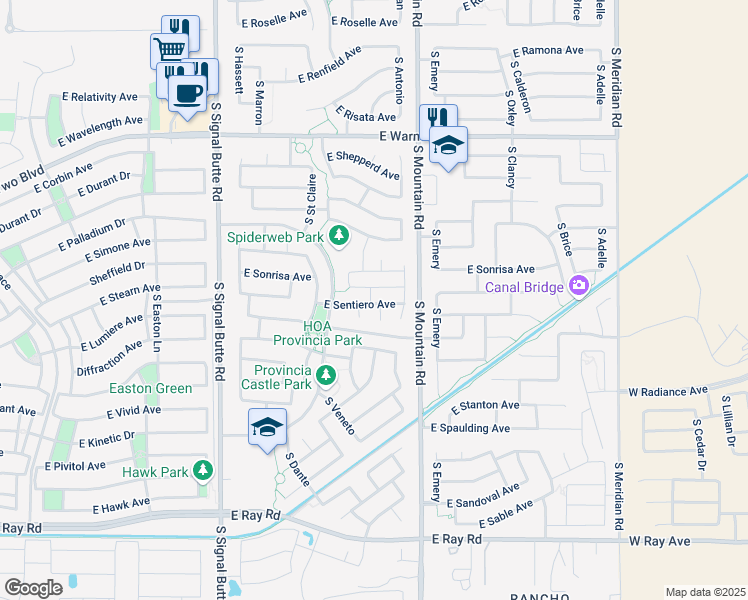 map of restaurants, bars, coffee shops, grocery stores, and more near 11114 East Stearn Avenue in Mesa