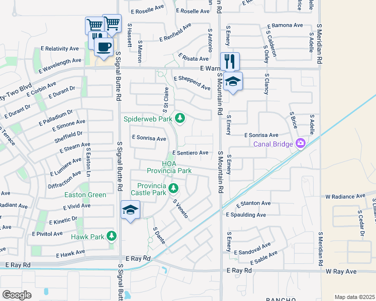 map of restaurants, bars, coffee shops, grocery stores, and more near 4708 South Veneto in Mesa