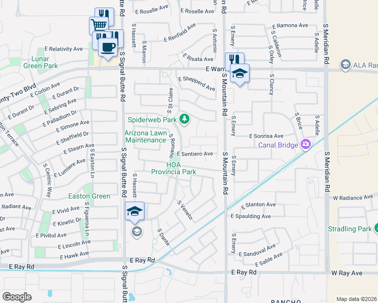 map of restaurants, bars, coffee shops, grocery stores, and more near 4708 South Veneto in Mesa