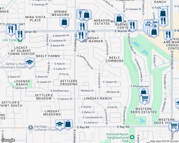 map of restaurants, bars, coffee shops, grocery stores, and more near 893 East Kyle Court in Gilbert