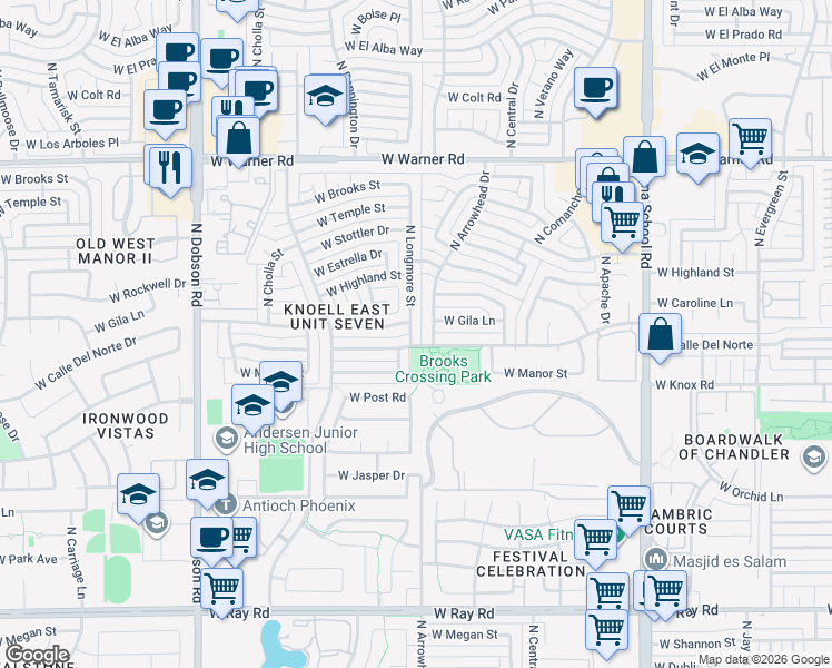 map of restaurants, bars, coffee shops, grocery stores, and more near 1626 North Longmore Street in Chandler