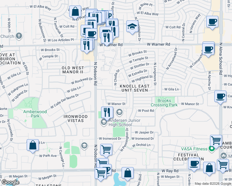 map of restaurants, bars, coffee shops, grocery stores, and more near 1862 West Highland Street in Chandler