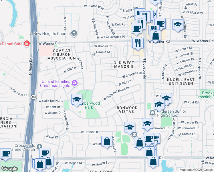map of restaurants, bars, coffee shops, grocery stores, and more near 2245 West Tanque Verde Drive in Chandler