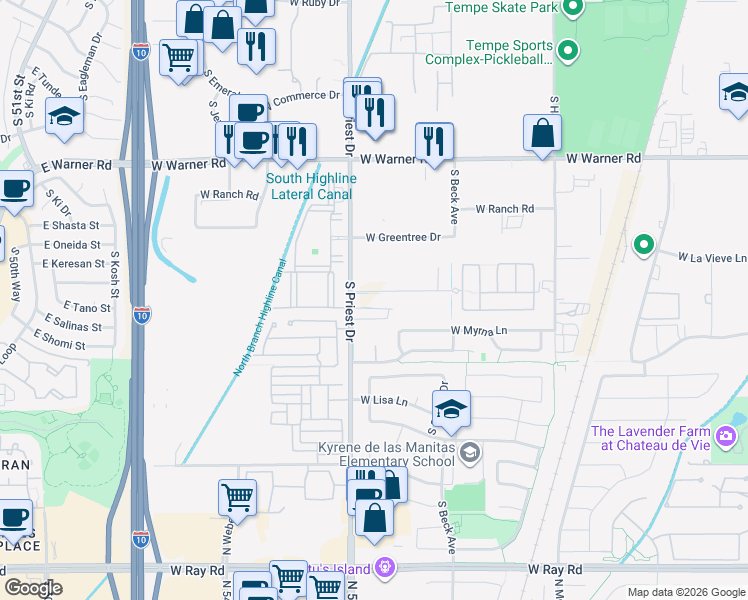 map of restaurants, bars, coffee shops, grocery stores, and more near 2132 West Caroline Lane in Tempe