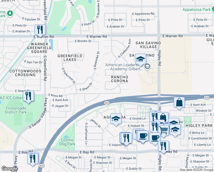 map of restaurants, bars, coffee shops, grocery stores, and more near 1143 South Rockwell Street in Gilbert