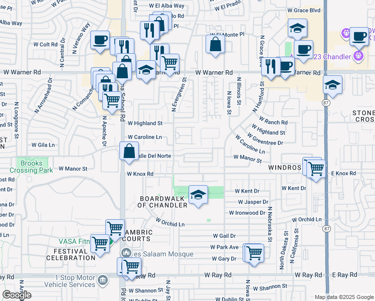 map of restaurants, bars, coffee shops, grocery stores, and more near 720 West Calle Del Norte in Chandler