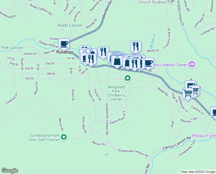 map of restaurants, bars, coffee shops, grocery stores, and more near 254 Grindstone Canyon Rd in Ruidoso