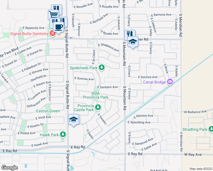 map of restaurants, bars, coffee shops, grocery stores, and more near 4708 South Veneto in Mesa