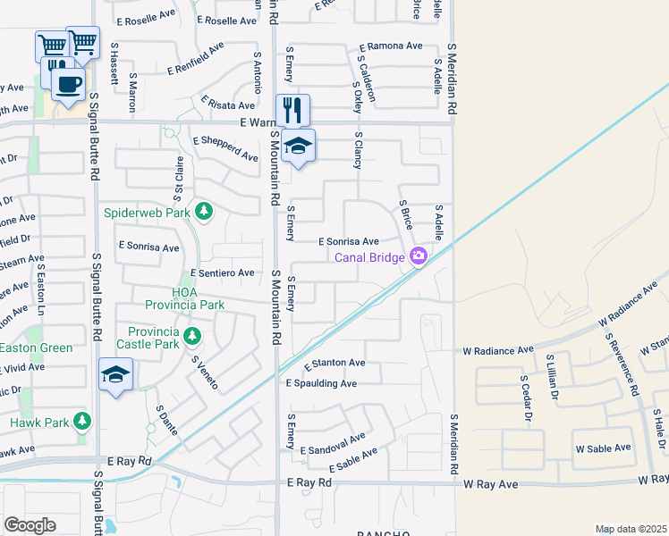 map of restaurants, bars, coffee shops, grocery stores, and more near 11314 East Stearn Avenue in Mesa