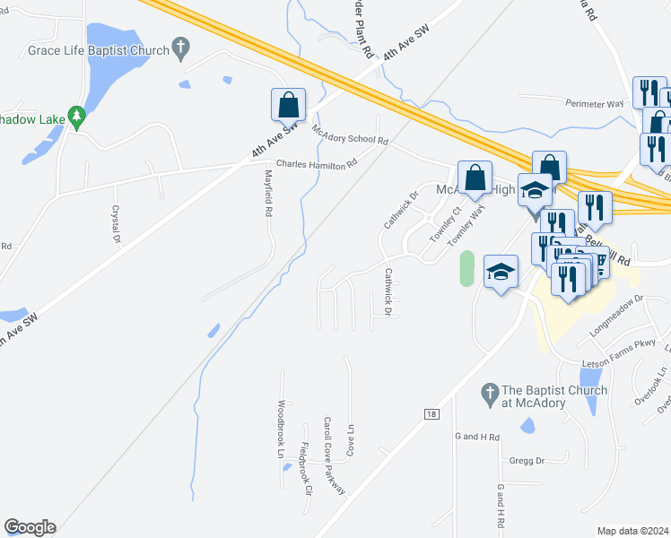 map of restaurants, bars, coffee shops, grocery stores, and more near 5800 Cheshire Cove Trail in McCalla