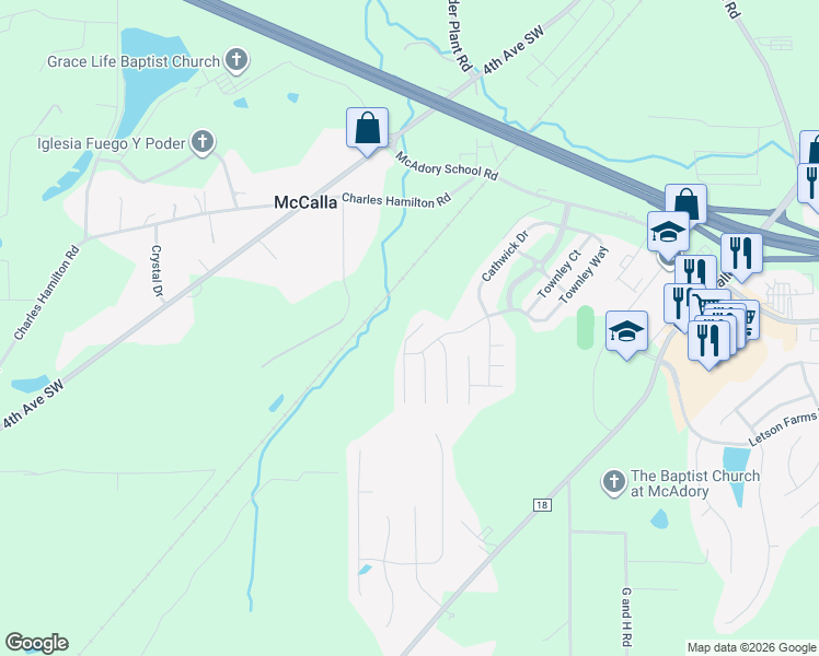 map of restaurants, bars, coffee shops, grocery stores, and more near 5821 Cheshire Cove Trail in McCalla
