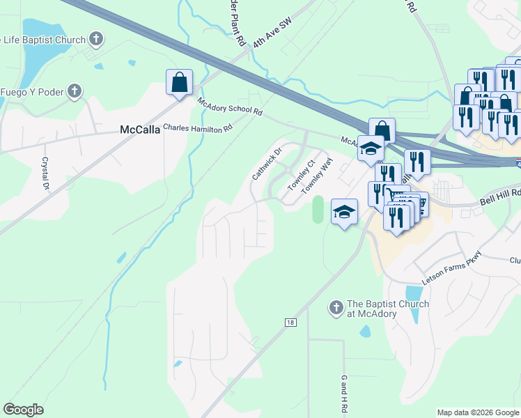 map of restaurants, bars, coffee shops, grocery stores, and more near 6214 Cathwick Drive in McCalla