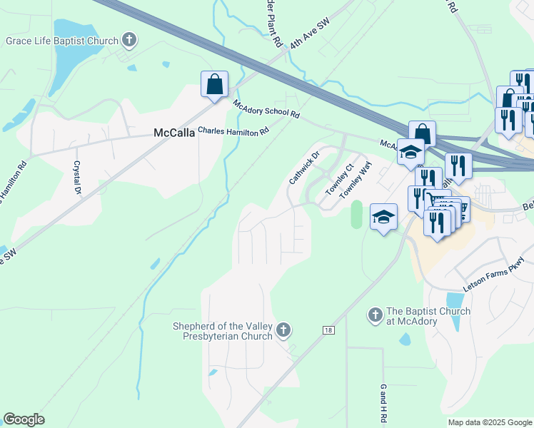 map of restaurants, bars, coffee shops, grocery stores, and more near 6439 Cheshire Cove Drive in McCalla