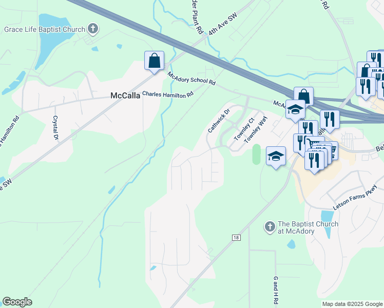map of restaurants, bars, coffee shops, grocery stores, and more near 5800 Cathwick Way in McCalla