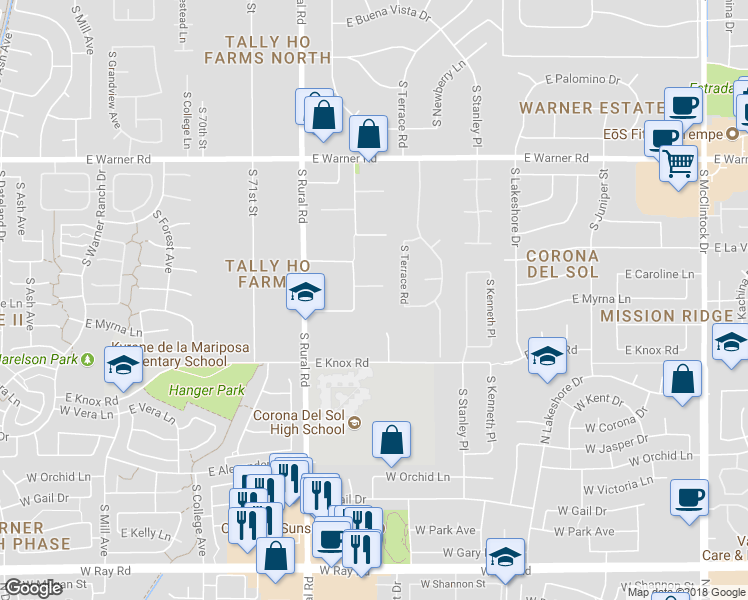 map of restaurants, bars, coffee shops, grocery stores, and more near 1015 East Caroline Lane in Tempe