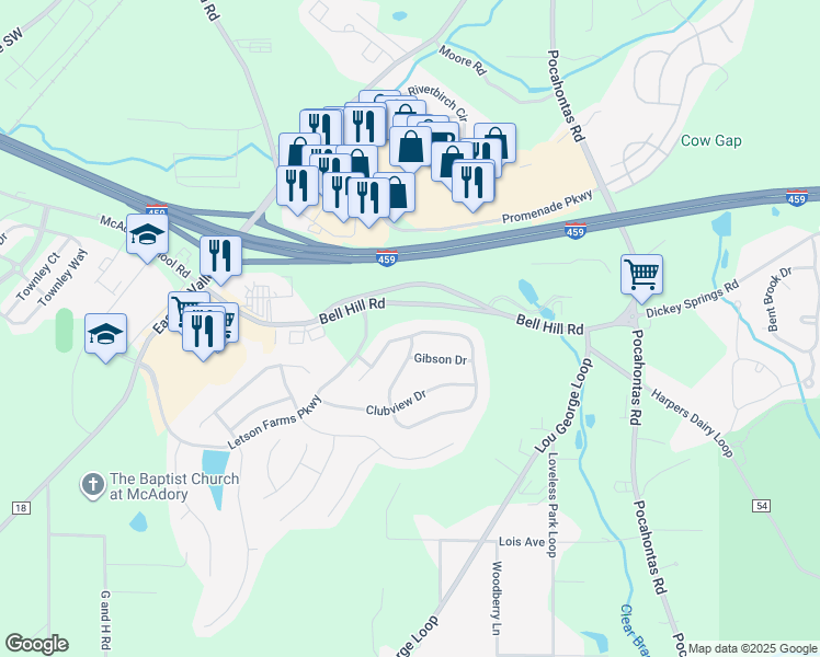 map of restaurants, bars, coffee shops, grocery stores, and more near 6423 North Clubview Circle in Bessemer