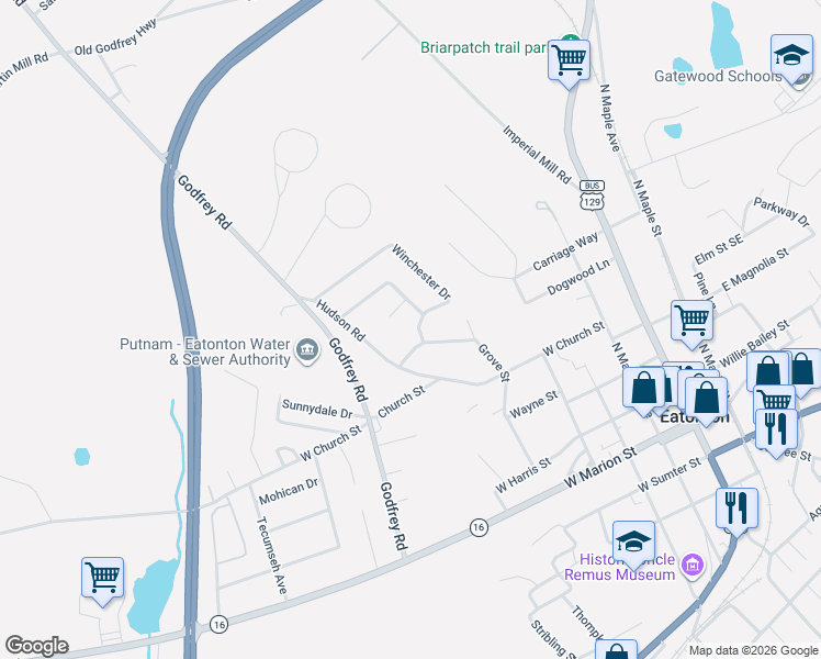 map of restaurants, bars, coffee shops, grocery stores, and more near 109 Brookwood Court in Eatonton