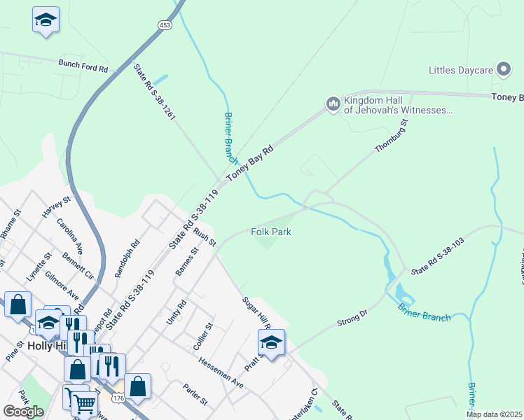 map of restaurants, bars, coffee shops, grocery stores, and more near 1465 Unity Road in Holly Hill