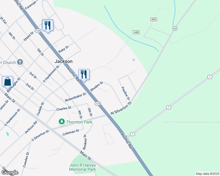 map of restaurants, bars, coffee shops, grocery stores, and more near 121 Rhodes Street in Jackson