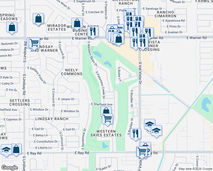 map of restaurants, bars, coffee shops, grocery stores, and more near 1130 South Western Skies Drive in Gilbert