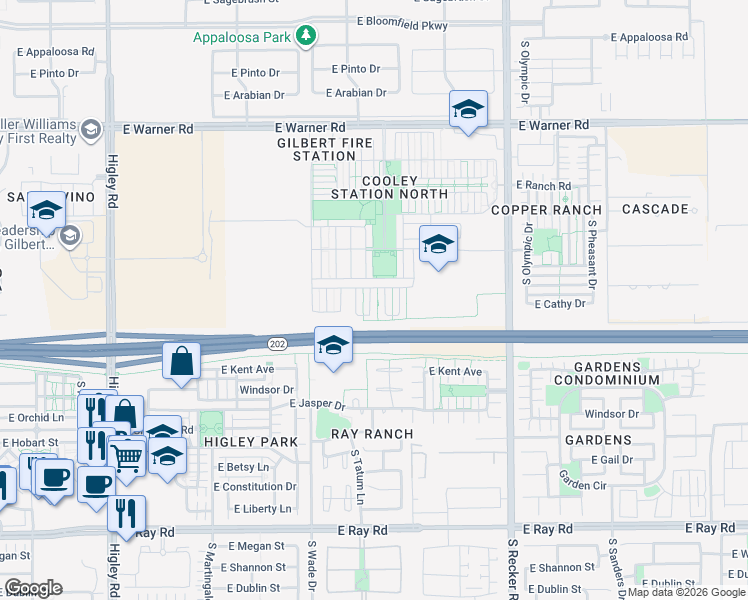 map of restaurants, bars, coffee shops, grocery stores, and more near 1149 South Agnes Lane in Gilbert