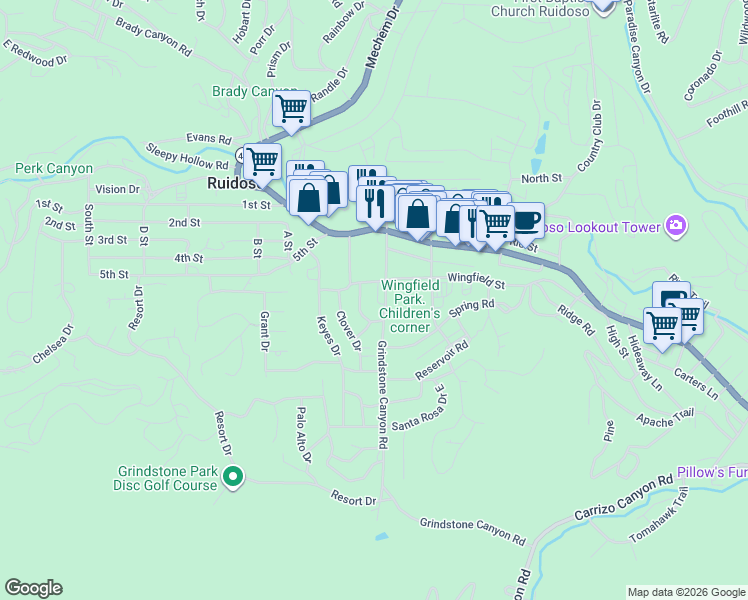 map of restaurants, bars, coffee shops, grocery stores, and more near 200-254 Grindstone Canyon Rd in Ruidoso