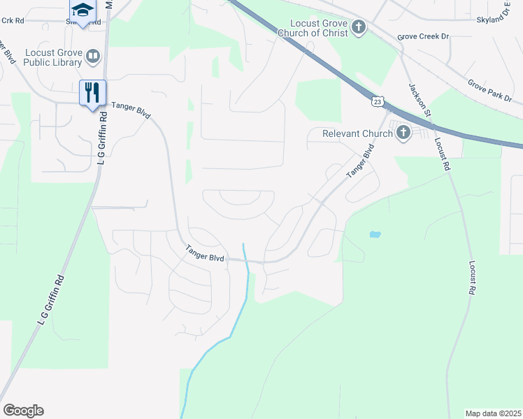 map of restaurants, bars, coffee shops, grocery stores, and more near 2144 Theberton Trail in Locust Grove