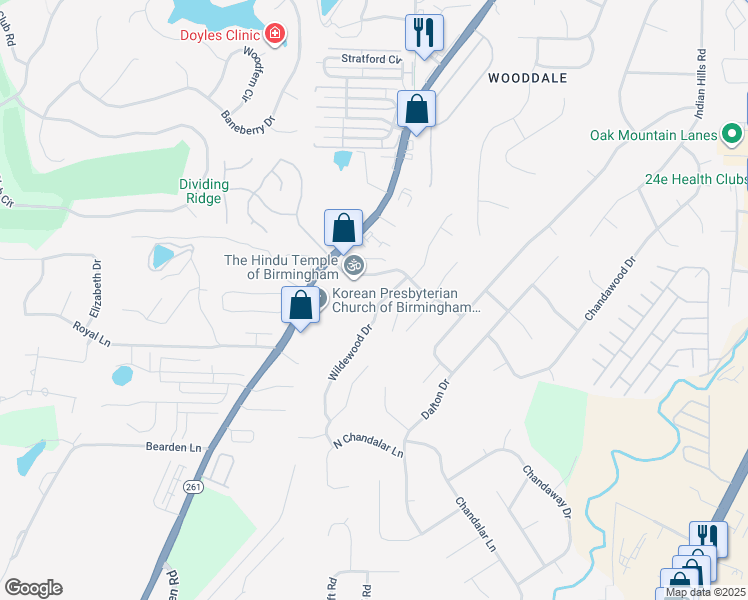 map of restaurants, bars, coffee shops, grocery stores, and more near 3435 Wildewood Drive in Pelham
