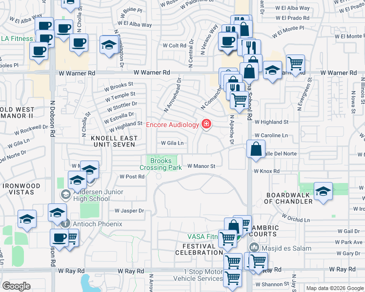 map of restaurants, bars, coffee shops, grocery stores, and more near 1328 West Gila Lane in Chandler