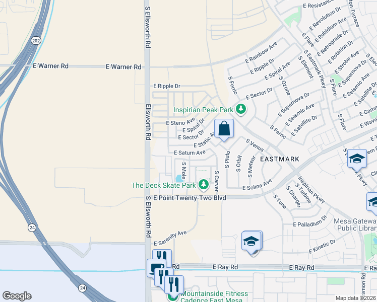 map of restaurants, bars, coffee shops, grocery stores, and more near 9355 East Static Avenue in Mesa