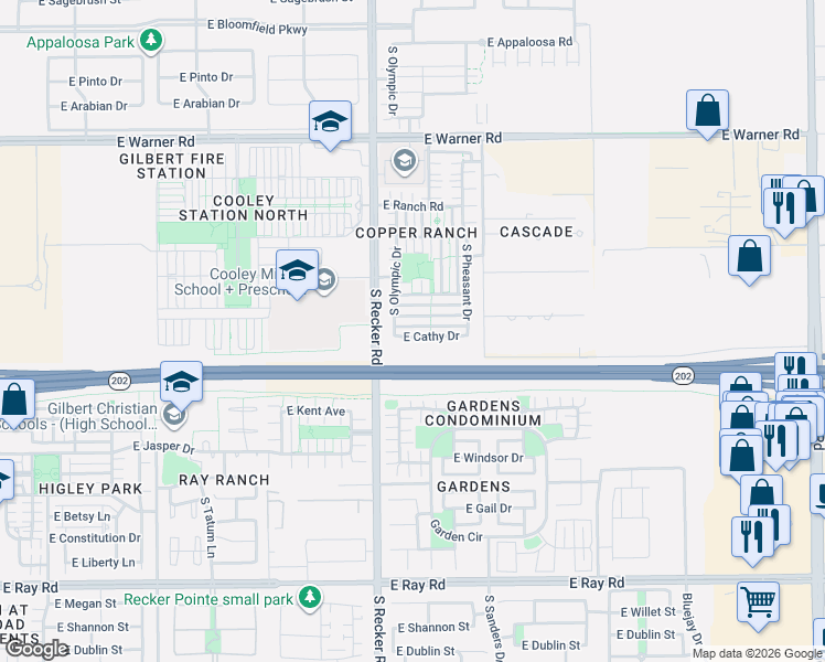 map of restaurants, bars, coffee shops, grocery stores, and more near 4101 East Devon Drive in Gilbert