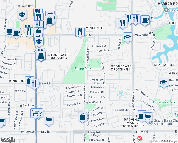 map of restaurants, bars, coffee shops, grocery stores, and more near 1436 North Hamilton Place in Chandler