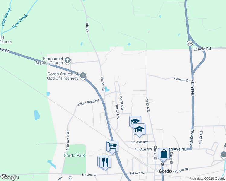 map of restaurants, bars, coffee shops, grocery stores, and more near 650 7th Court Northwest in Gordo