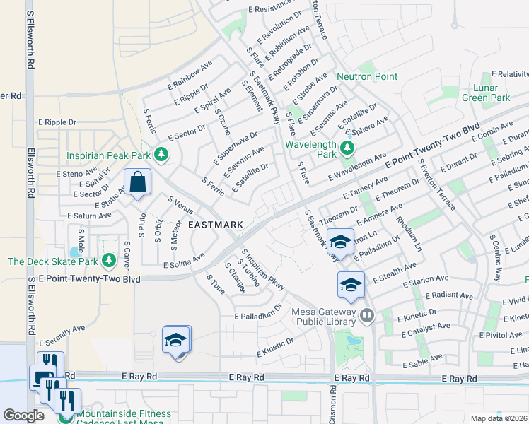 map of restaurants, bars, coffee shops, grocery stores, and more near South Eastmark Parkway in Mesa