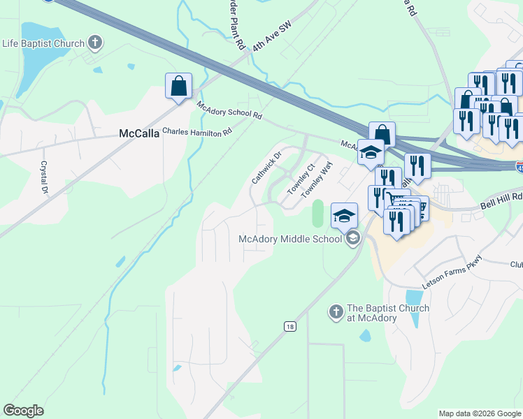 map of restaurants, bars, coffee shops, grocery stores, and more near 6206 Cathwick Drive in McCalla