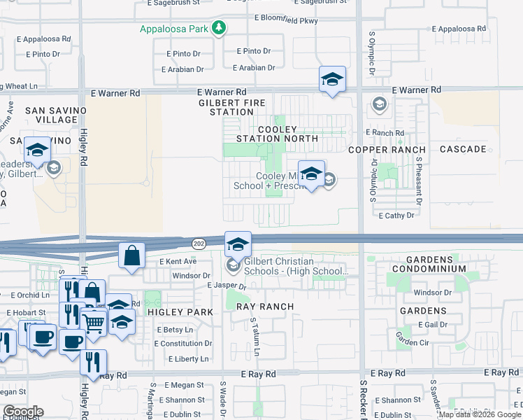 map of restaurants, bars, coffee shops, grocery stores, and more near 1146 South Agnes Lane in Gilbert