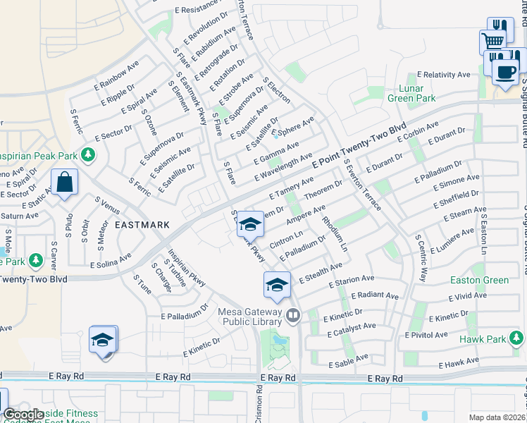 map of restaurants, bars, coffee shops, grocery stores, and more near 10058 Theorem Drive in Mesa