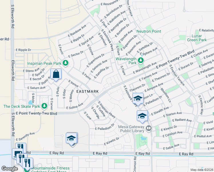 map of restaurants, bars, coffee shops, grocery stores, and more near South Eastmark Parkway in Mesa