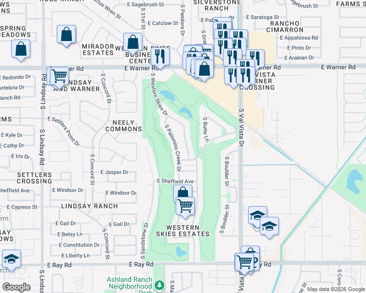 map of restaurants, bars, coffee shops, grocery stores, and more near 1111-1121 South Western Skies Drive in Gilbert