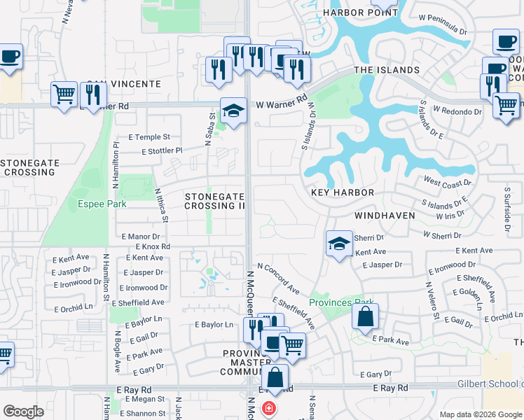 map of restaurants, bars, coffee shops, grocery stores, and more near 1531 West Wagner Drive in Gilbert