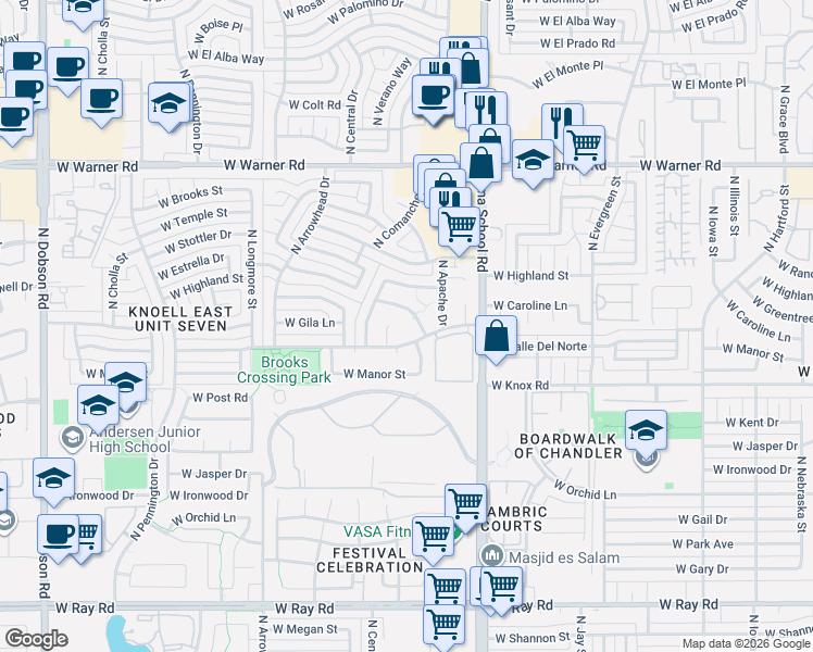 map of restaurants, bars, coffee shops, grocery stores, and more near 1617 North Calle Circle in Chandler