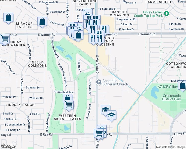 map of restaurants, bars, coffee shops, grocery stores, and more near 1580 East Sherri Drive in Gilbert