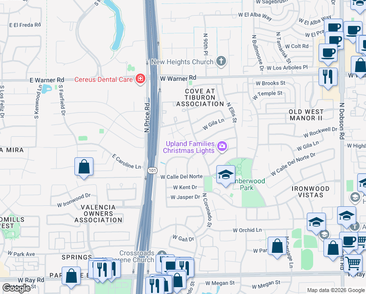 map of restaurants, bars, coffee shops, grocery stores, and more near 2875 West Highland Street in Chandler