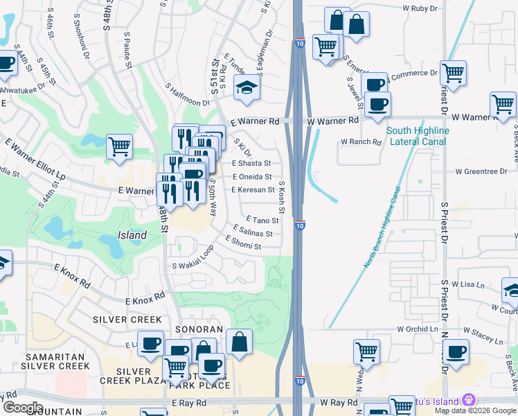 map of restaurants, bars, coffee shops, grocery stores, and more near 5045 East Nambe Street in Phoenix