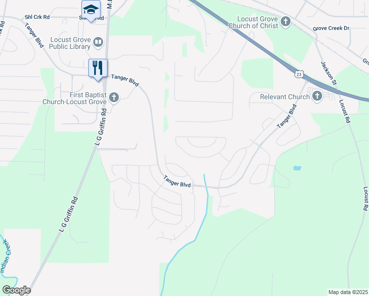 map of restaurants, bars, coffee shops, grocery stores, and more near 2040 Theberton Trail in Locust Grove