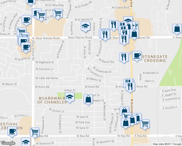 map of restaurants, bars, coffee shops, grocery stores, and more near 547 West Caroline Lane in Chandler