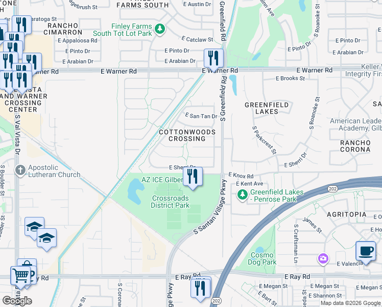 map of restaurants, bars, coffee shops, grocery stores, and more near 2276 East Cathy Court in Gilbert
